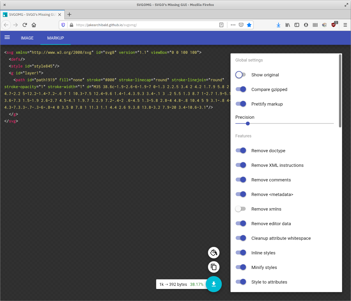 the optimized SVG file in SVGOMG, looking far simpler and a lot more readable