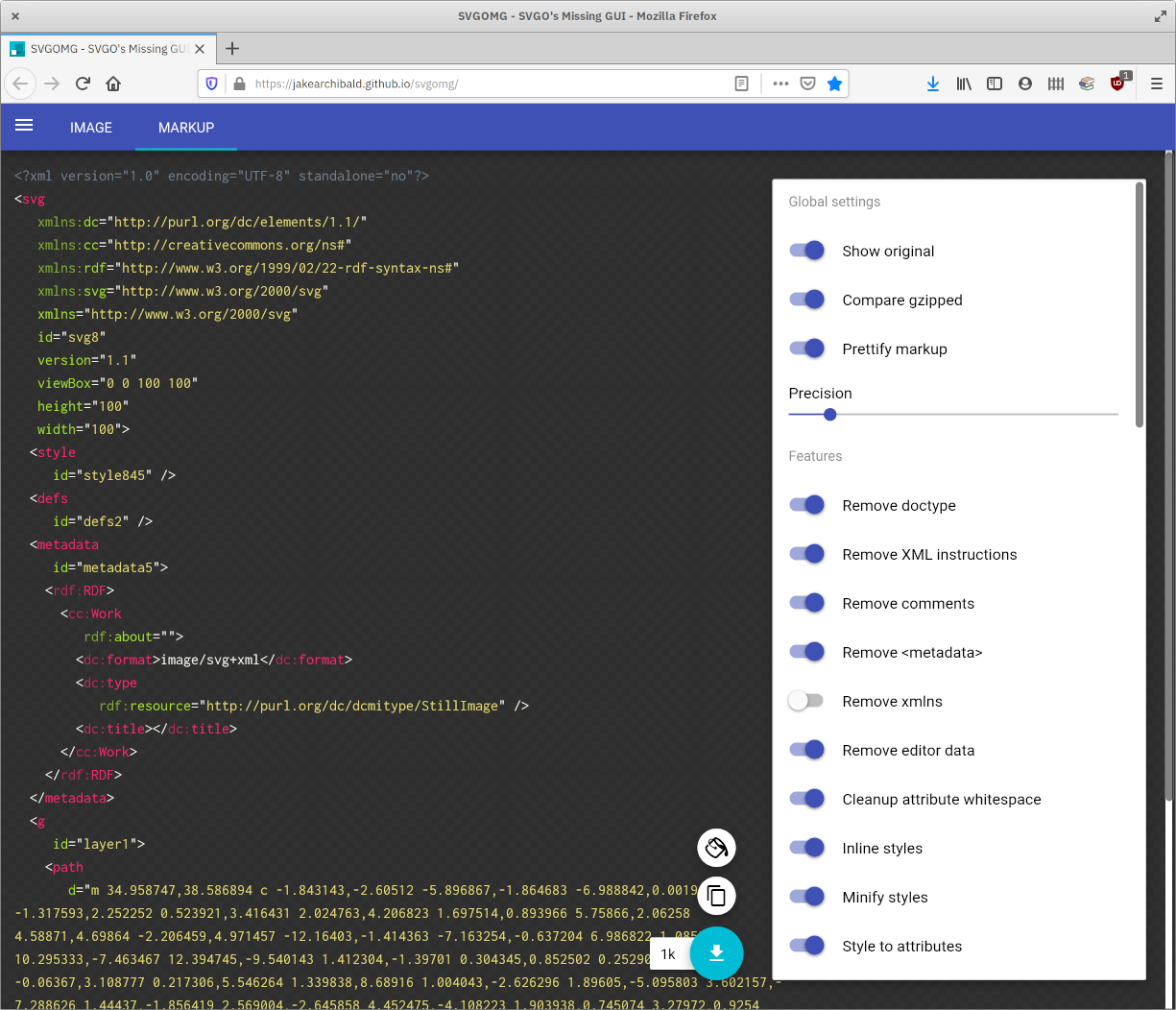 the original SVG file in SVGOMG, showing huge amounts of confusing markup