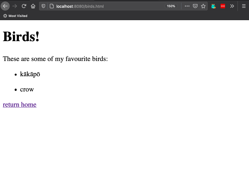 browser displaying bulleted list of birds